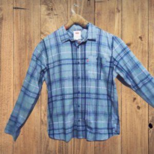 Levis Mens Large Gray Blue Plaid Flannel Cotton Red Tab Long Sleeve Button Shirt